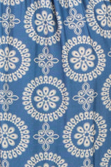 light blue maternity dress with white geometric pattern and relaxed fit