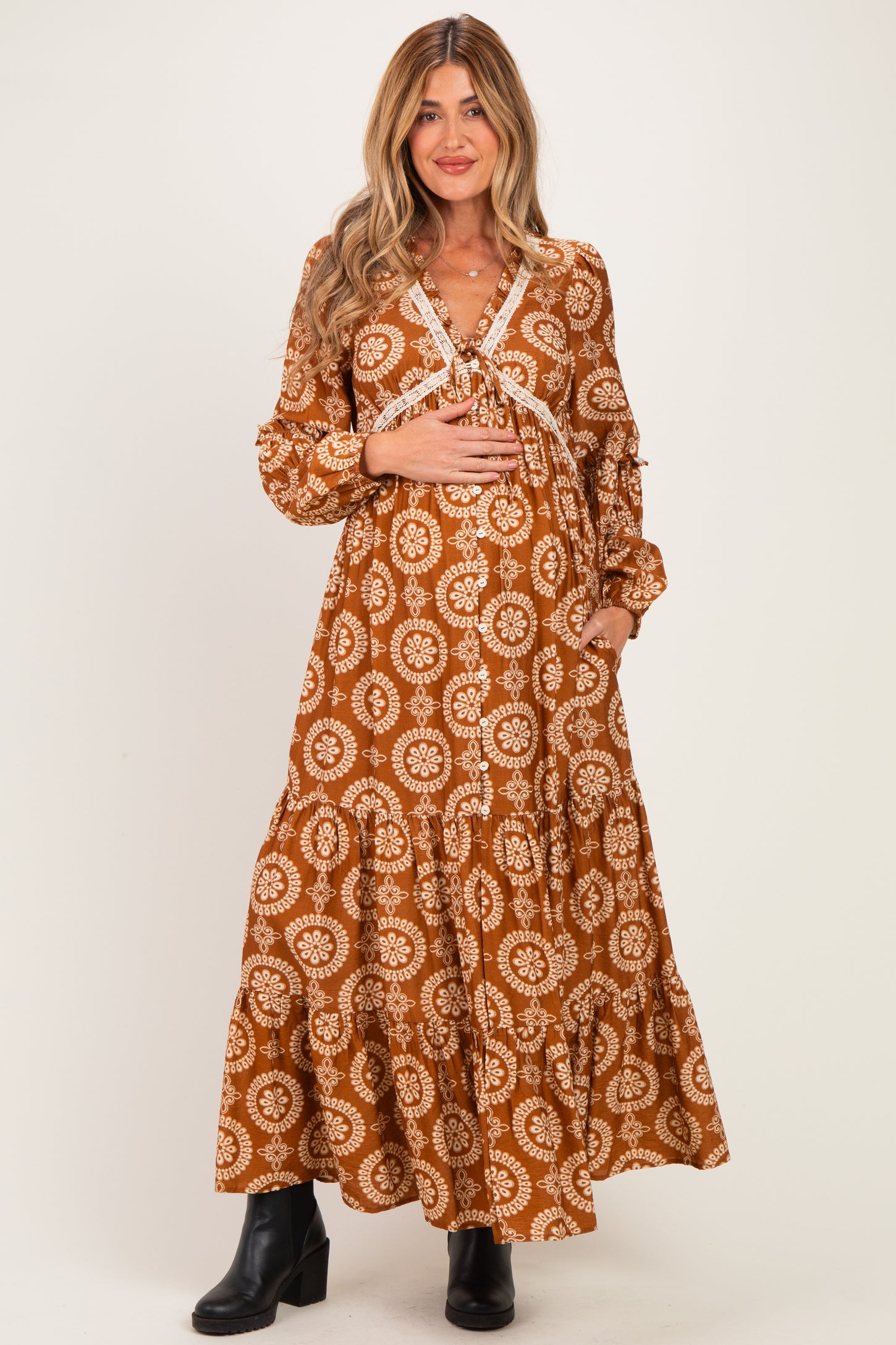 Brown Bronze Floral Lace Trim Maternity Maxi Dress