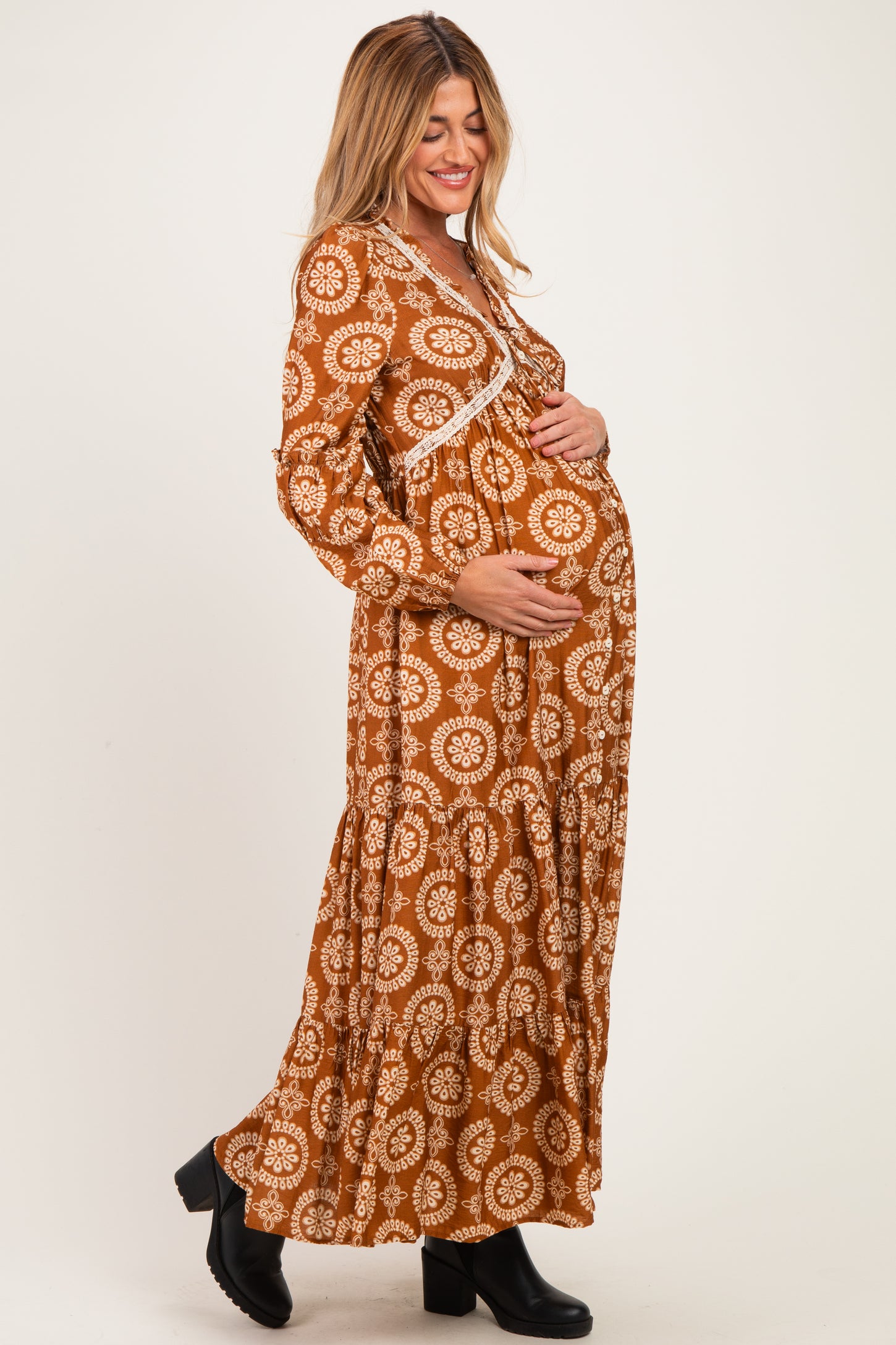 Brown Bronze Floral Lace Trim Maternity Maxi Dress