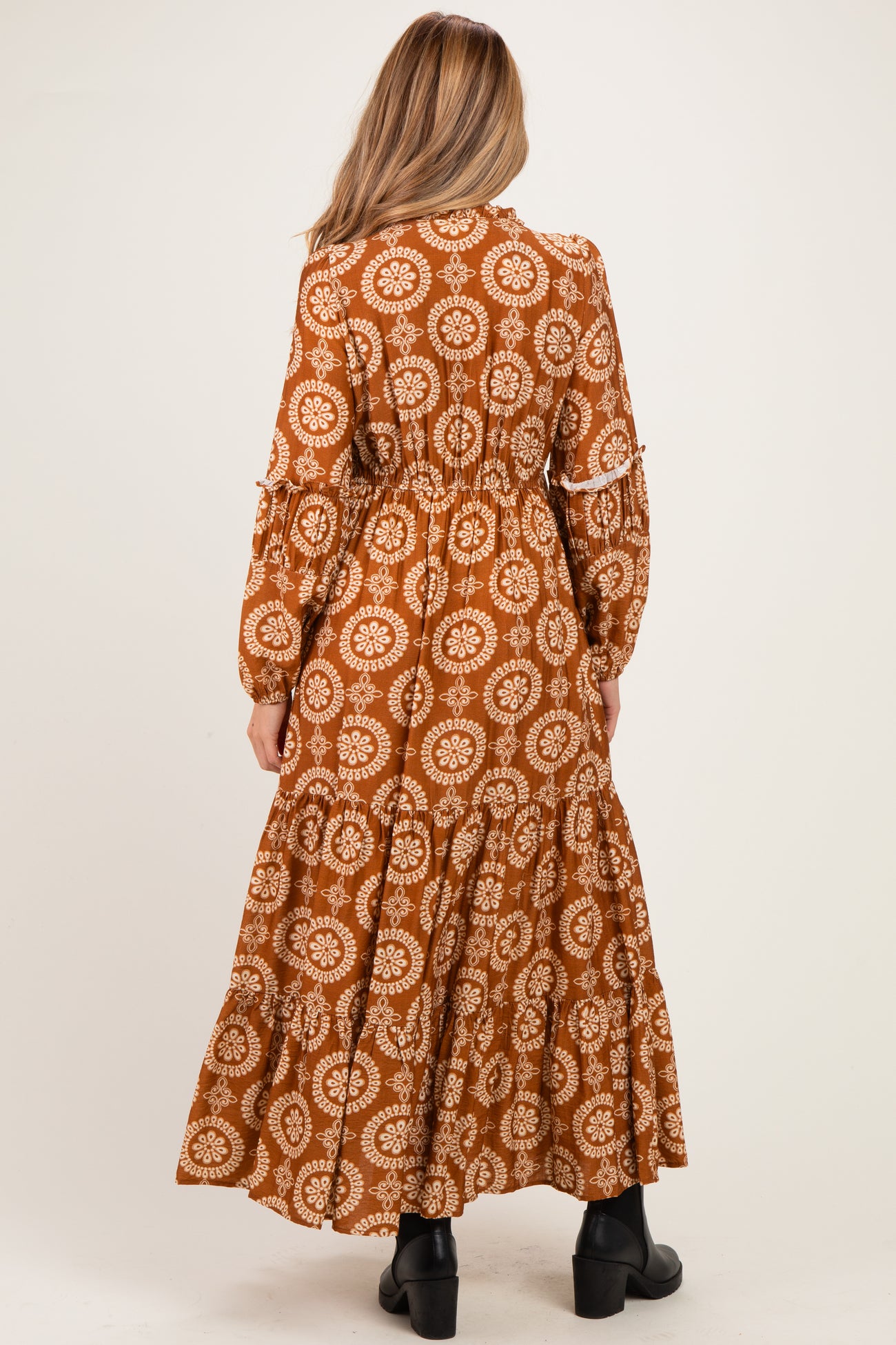 Brown Bronze Floral Lace Trim Maternity Maxi Dress
