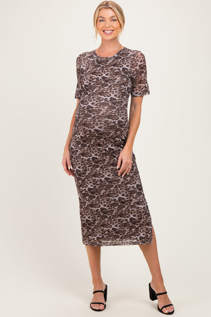 Brown Animal Print Mesh Maternity Midi Dress