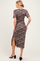 Brown Animal Print Mesh Maternity Midi Dress