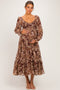 Coffee Paisley Smocked Long Sleeve Maternity Midi Dress