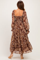 Coffee Paisley Smocked Long Sleeve Midi Dress