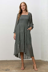 Hunter Green Floral Smocked Long Sleeve Midi Dress