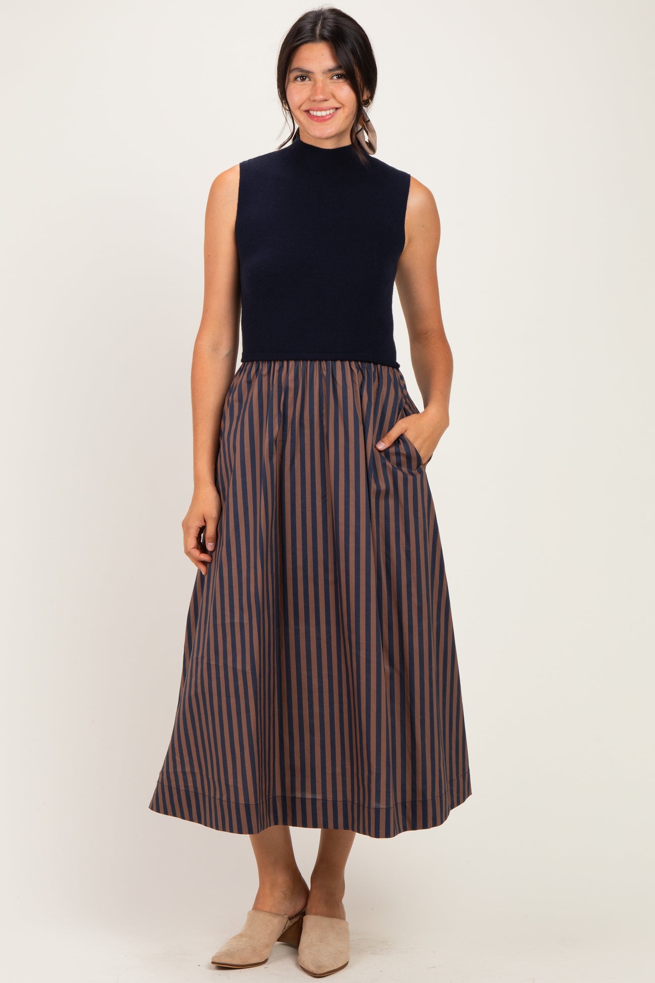 Navy Sleeveless Mock Neck Contrast Striped Skirt Midi Dress
