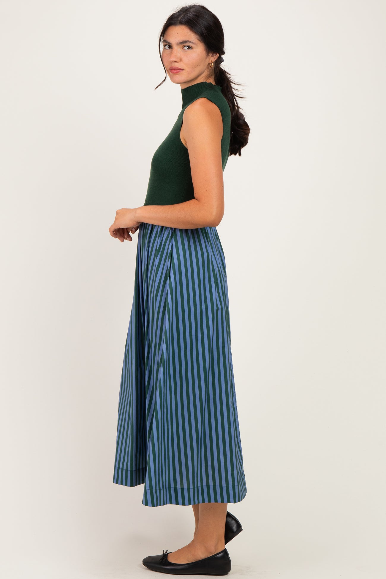 Hunter Green Sleeveless Mock Neck Contrast Striped Skirt Midi Dress
