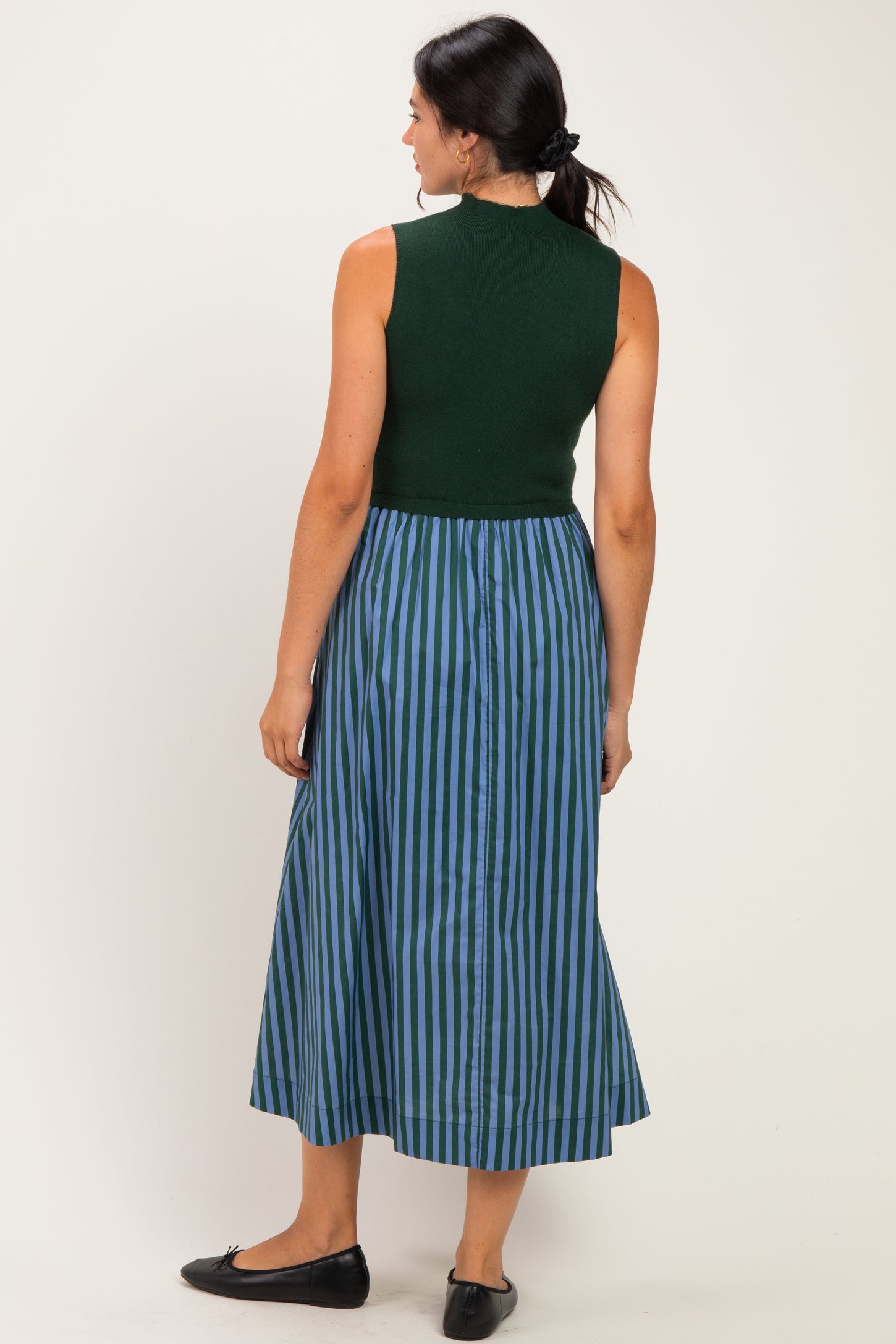 Hunter Green Sleeveless Mock Neck Contrast Striped Skirt Midi Dress