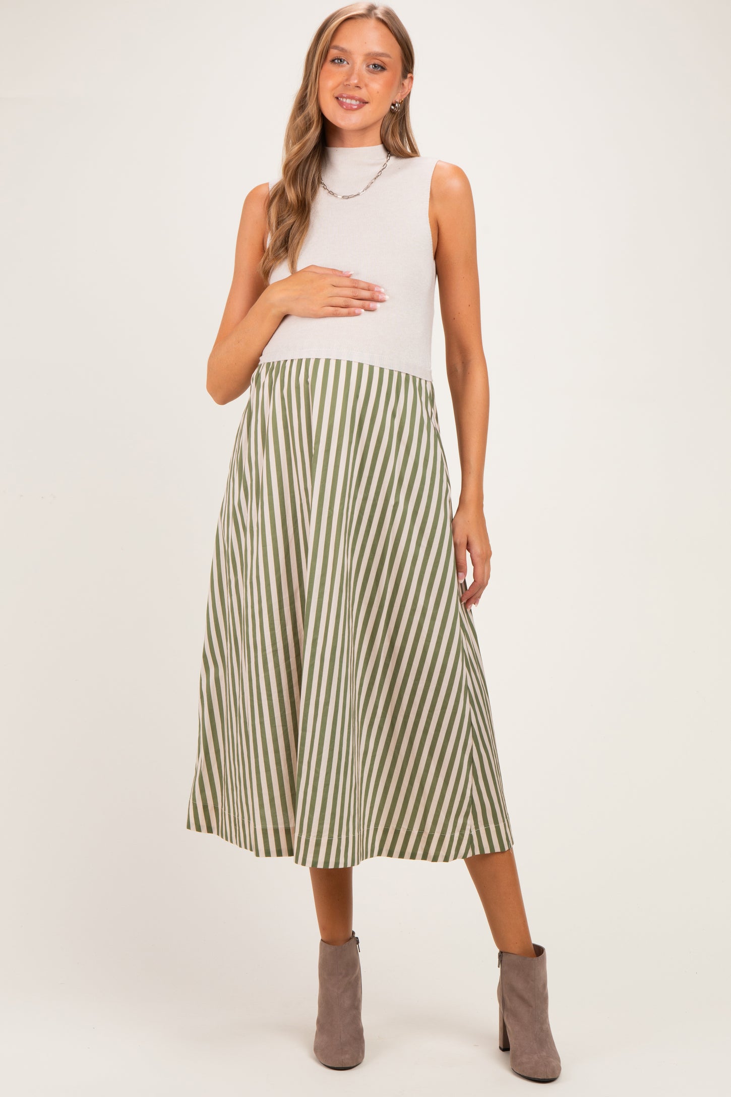 Ecru Sleeveless Mock Neck Contrast Striped Skirt Maternity Midi Dress