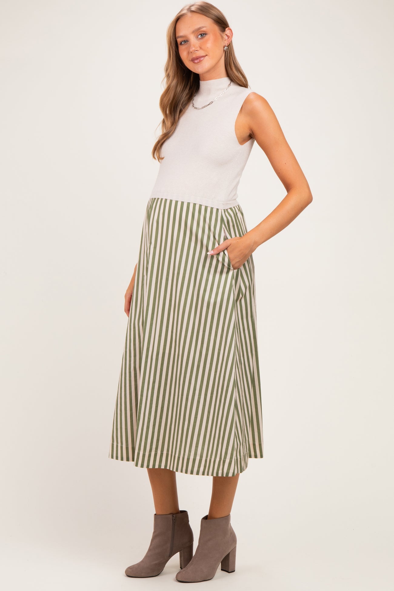 Ecru Sleeveless Mock Neck Contrast Striped Skirt Maternity Midi Dress