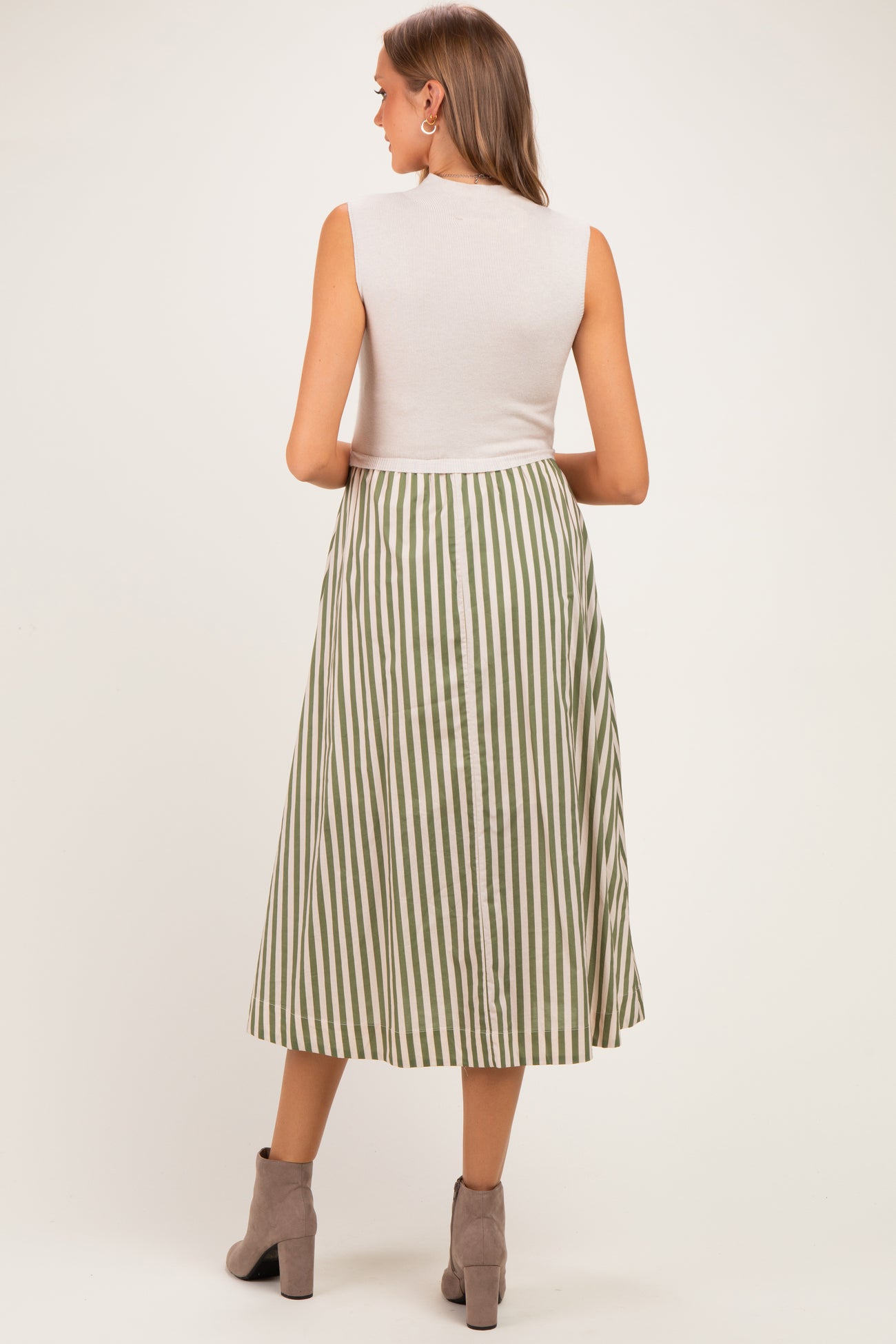 Ecru Sleeveless Mock Neck Contrast Striped Skirt Maternity Midi Dress