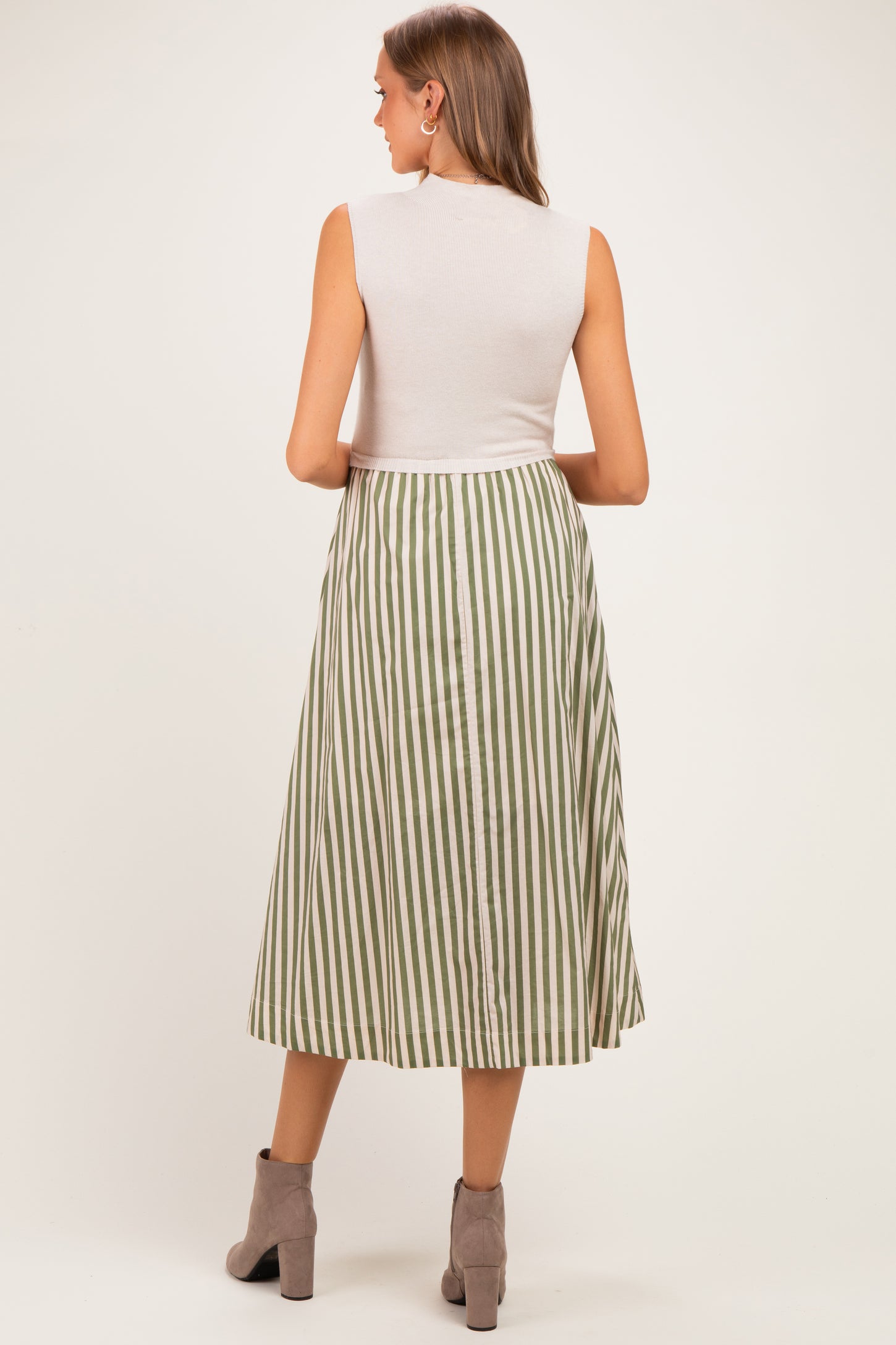 Ecru Sleeveless Mock Neck Contrast Striped Skirt Maternity Midi Dress