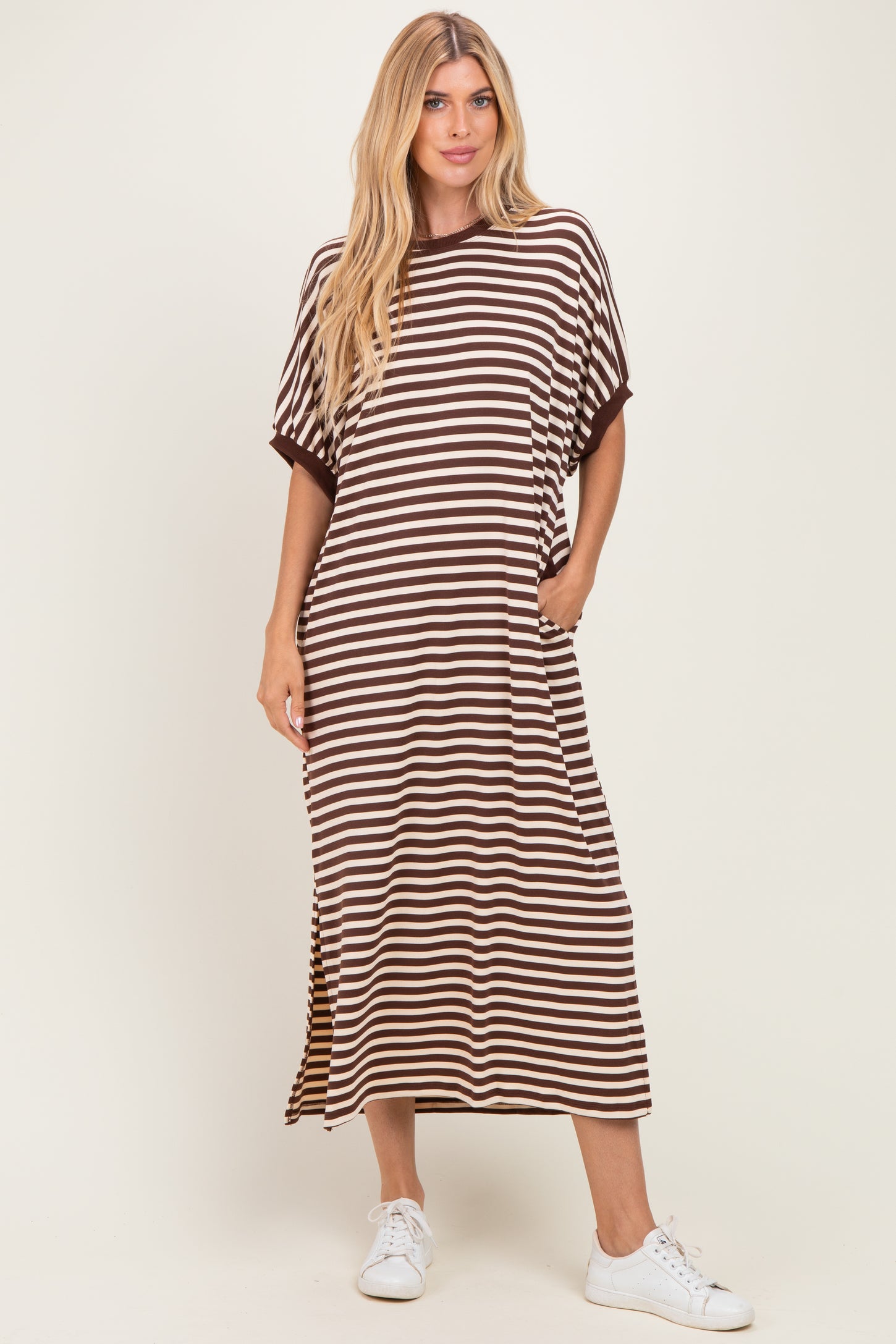Brown Striped Short Sleeve Maternity Midi Dress