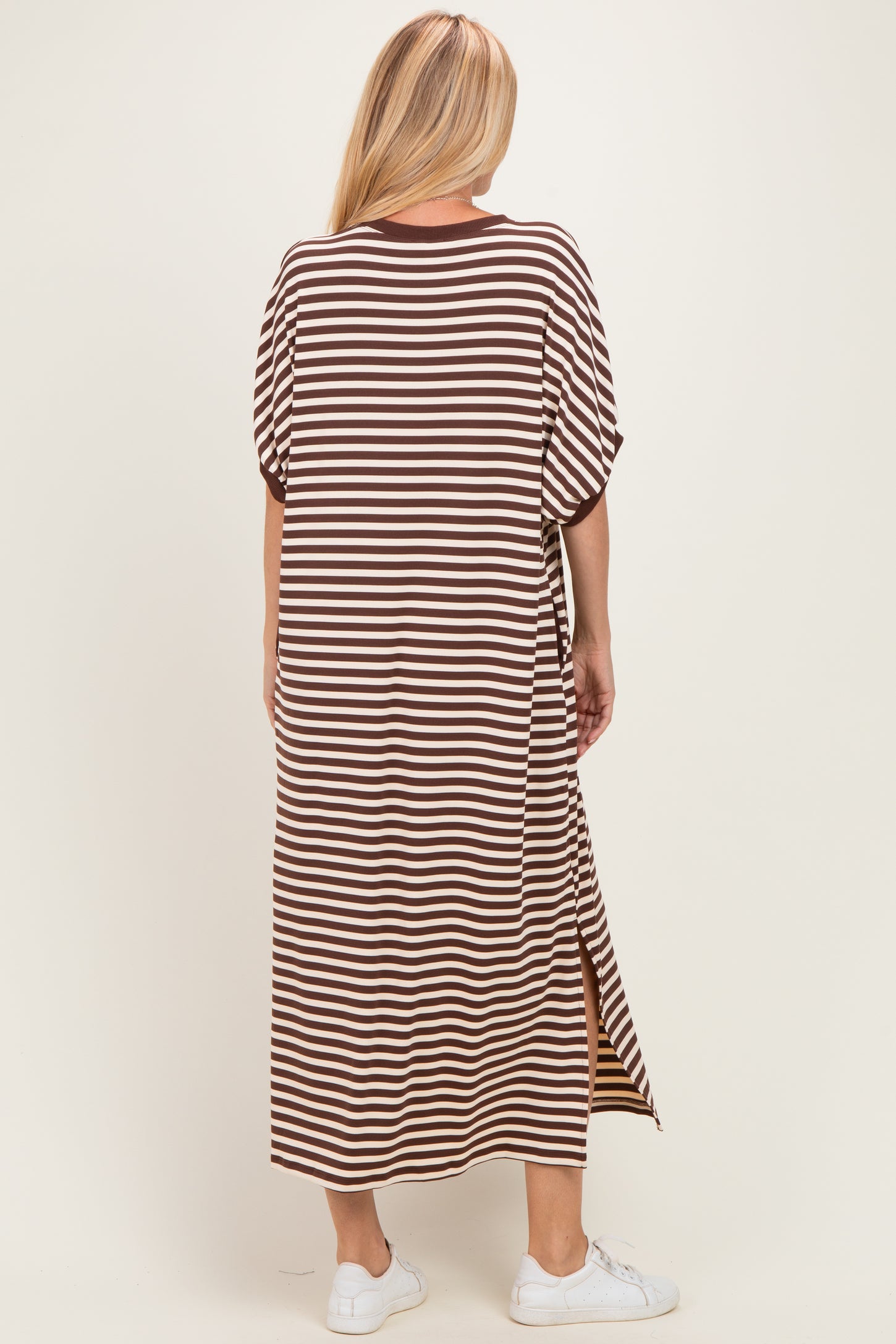 Brown Striped Short Sleeve Midi Dress