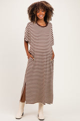 Brown Striped Short Sleeve Maternity Midi Dress
