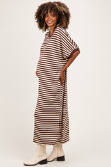 Brown Striped Short Sleeve Maternity Midi Dress