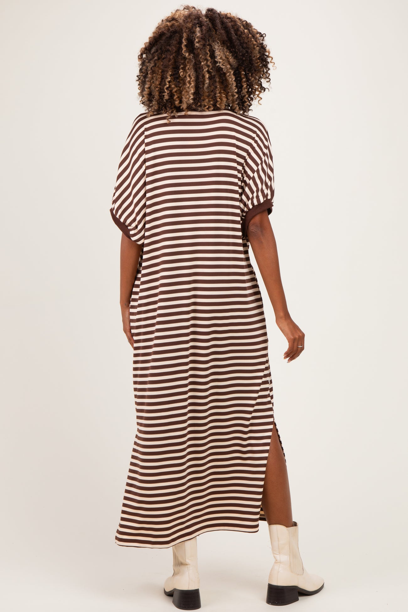 Brown Striped Short Sleeve Maternity Midi Dress