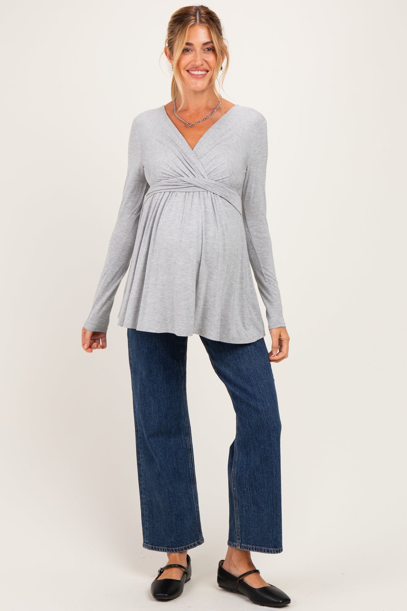 PinkBlush Heather Grey Long Sleeve Draped Front Maternity Nursing Top