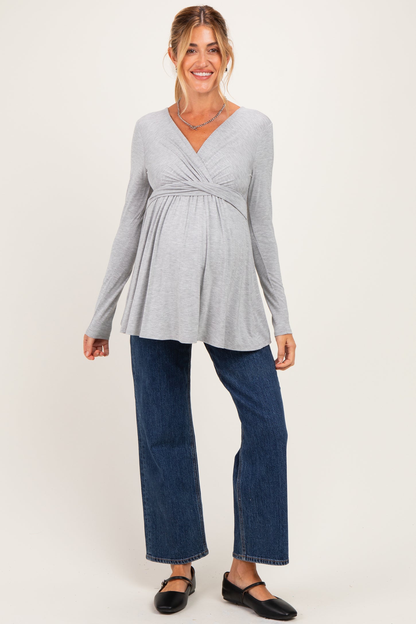 PinkBlush Heather Grey Long Sleeve Draped Front Maternity Nursing Top