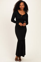 Black Ribbed Long Sleeve Ruffle Trim Off Shoulder Maternity Maxi Dress