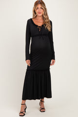 Black Ribbed Long Sleeve Ruffle Trim Off Shoulder Maternity Maxi Dress