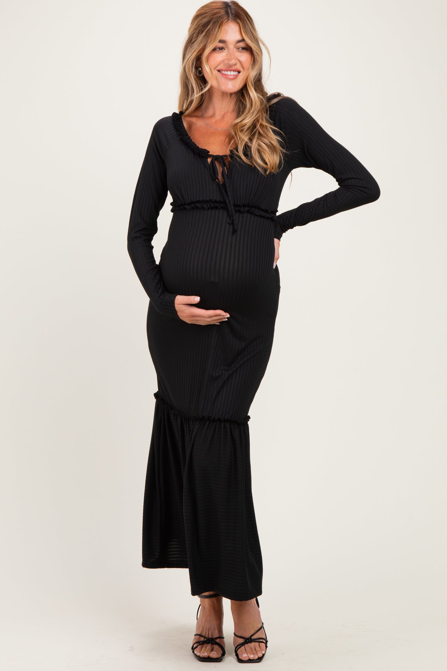 Black Ribbed Long Sleeve Ruffle Trim Off Shoulder Maternity Maxi Dress