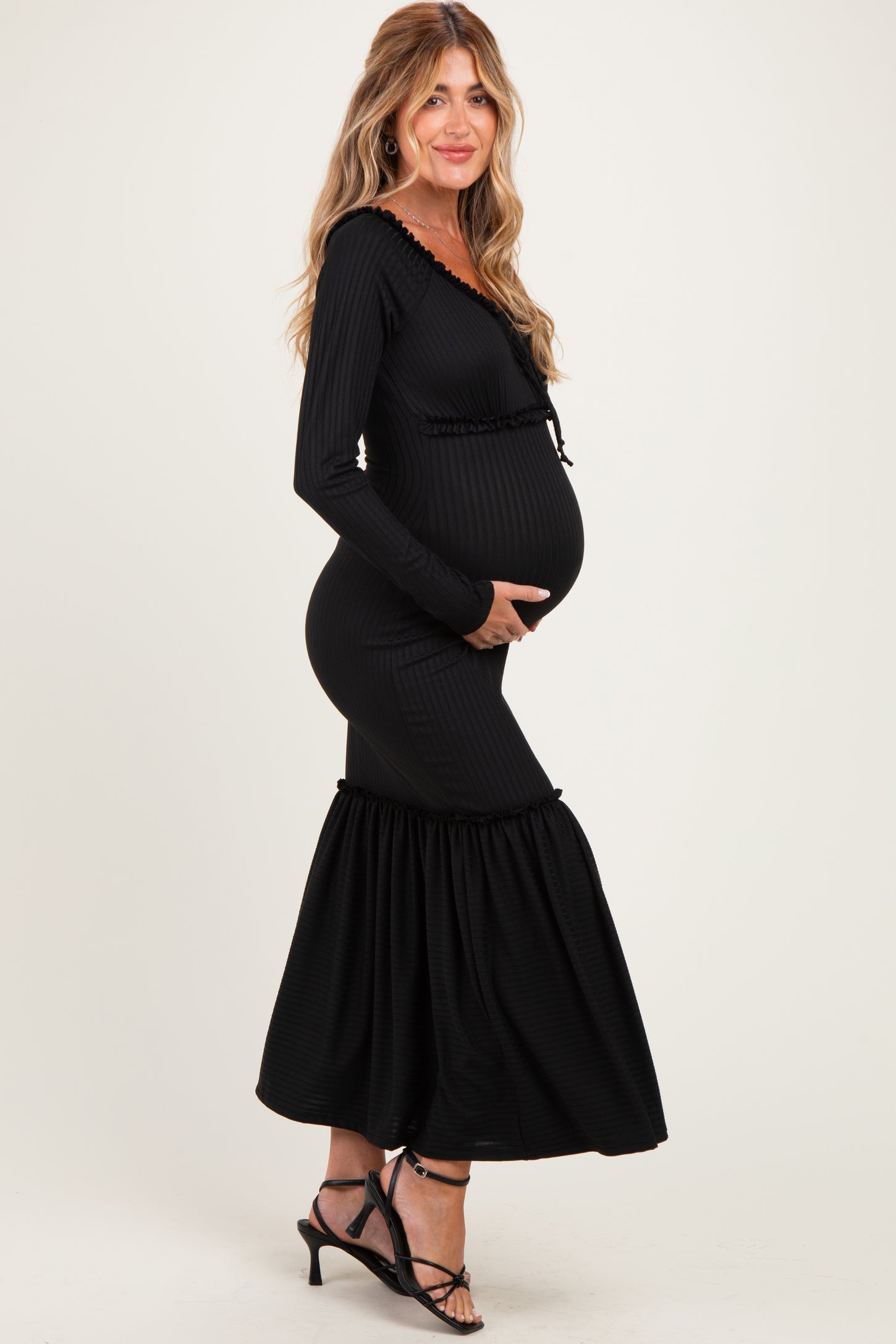 Black Ribbed Long Sleeve Ruffle Trim Off Shoulder Maternity Maxi Dress