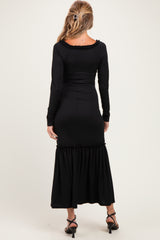 Black Ribbed Long Sleeve Ruffle Trim Off Shoulder Maternity Maxi Dress