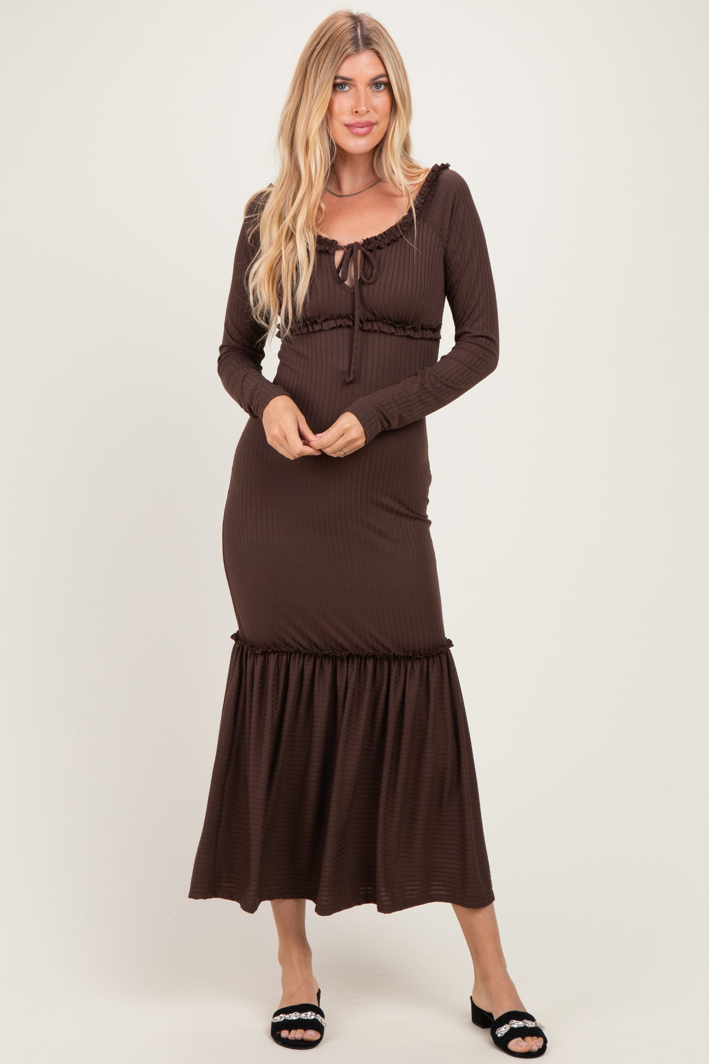 Brown Ribbed Long Sleeve Ruffle Trim Off Shoulder Maternity Maxi Dress