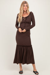 Brown Ribbed Long Sleeve Ruffle Trim Off Shoulder Maternity Maxi Dress