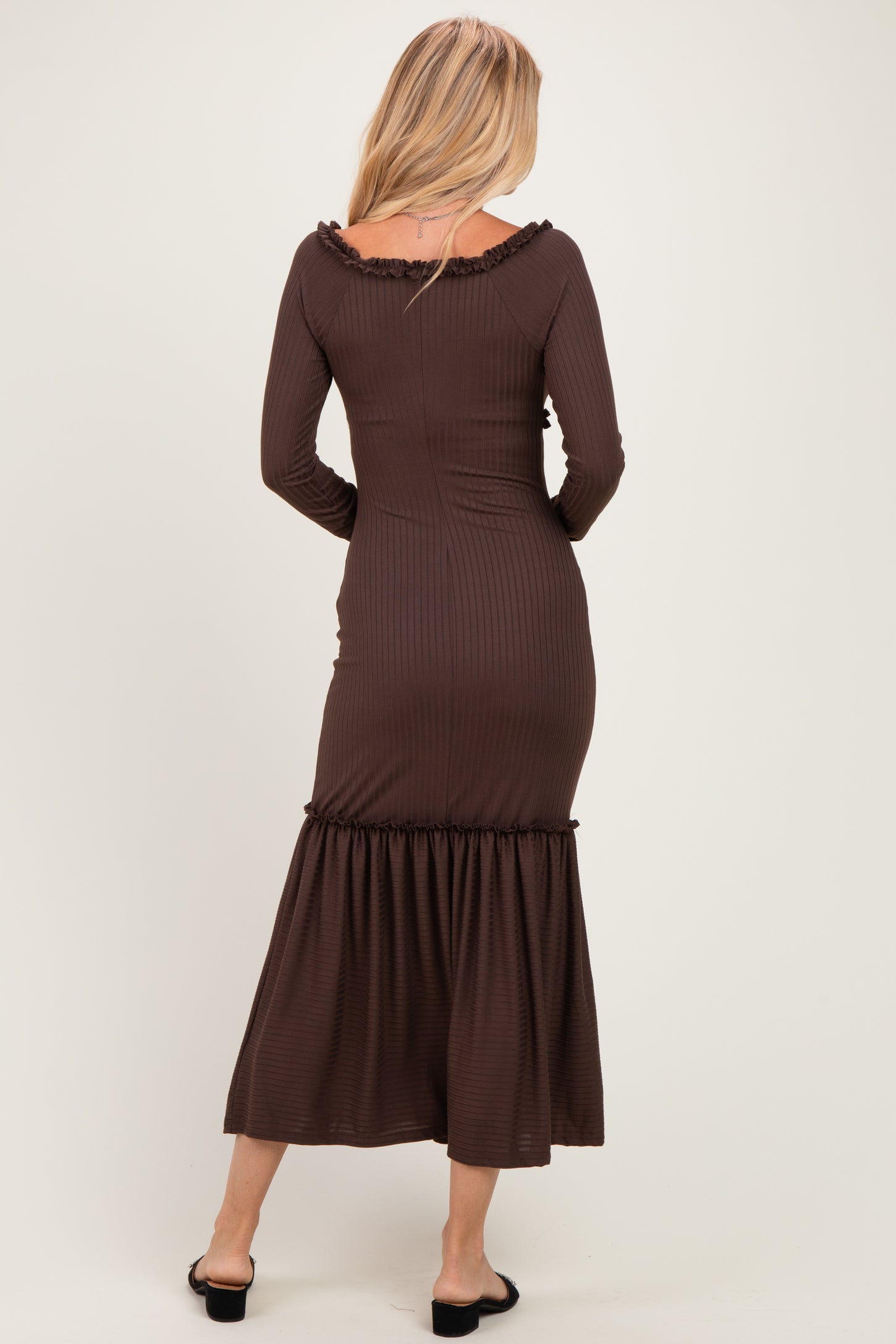 Brown Ribbed Long Sleeve Ruffle Trim Off Shoulder Maxi Dress