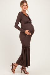 Brown Ribbed Long Sleeve Ruffle Trim Off Shoulder Maternity Maxi Dress