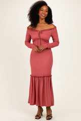 Mauve Ribbed Long Sleeve Ruffle Trim Off Shoulder Maternity Maxi Dress