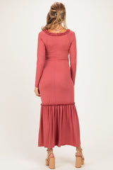 Mauve Ribbed Long Sleeve Ruffle Trim Off Shoulder Maternity Maxi Dress