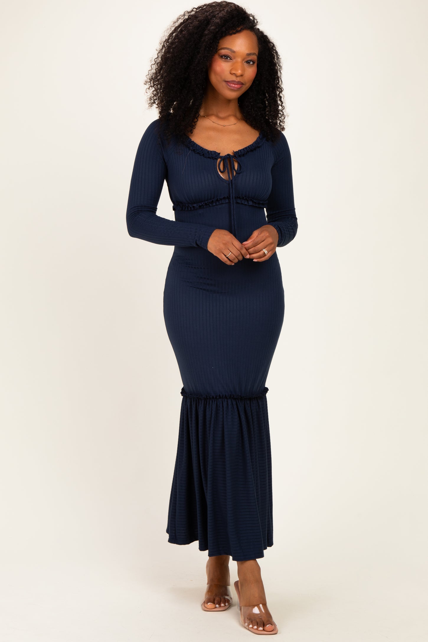 Navy Ribbed Long Sleeve Ruffle Trim Off Shoulder Maxi Dress – PinkBlush