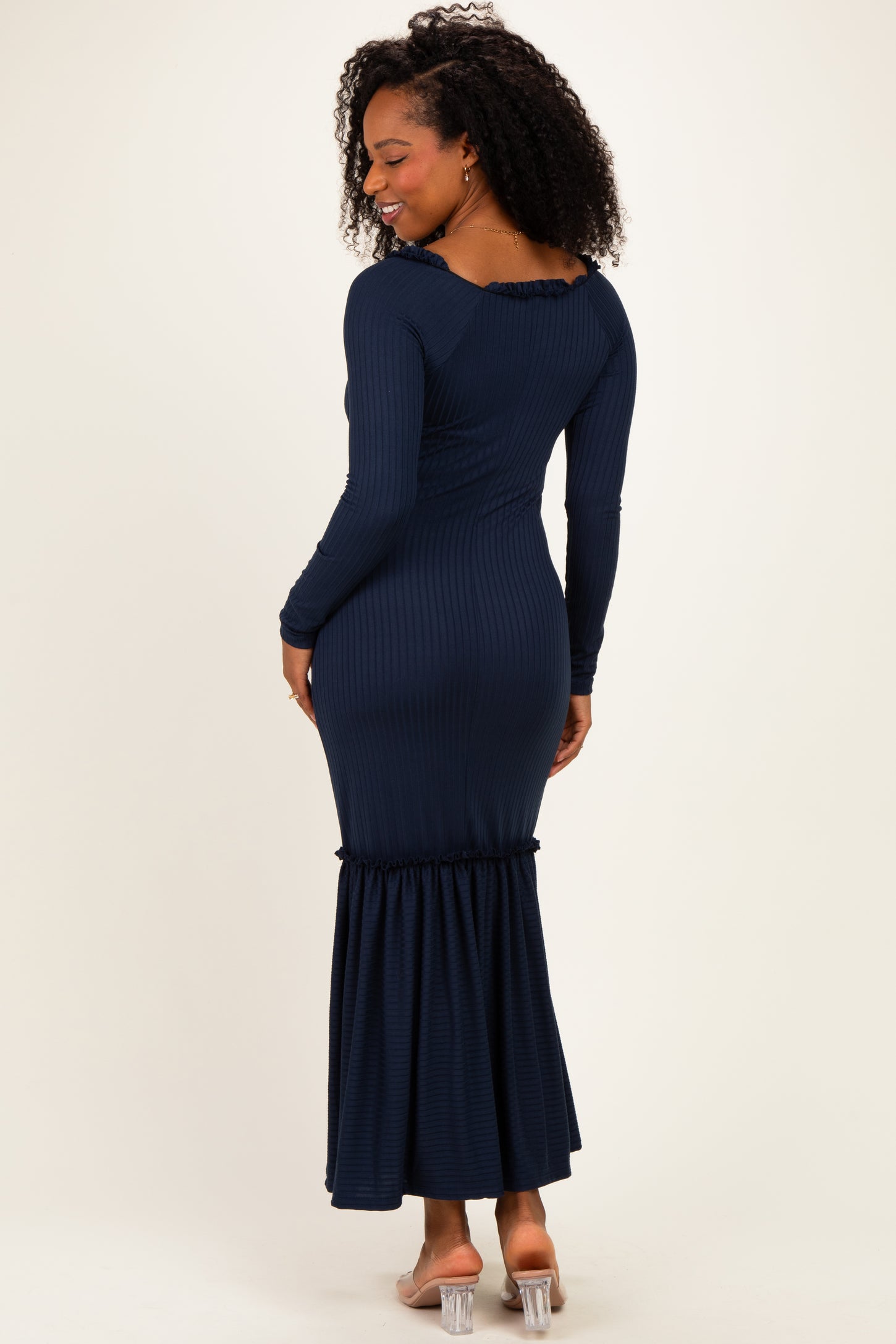 Navy Ribbed Long Sleeve Ruffle Trim Off Shoulder Maxi Dress – PinkBlush