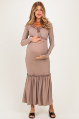 Beige Ribbed Long Sleeve Ruffle Trim Off Shoulder Maternity Maxi Dress