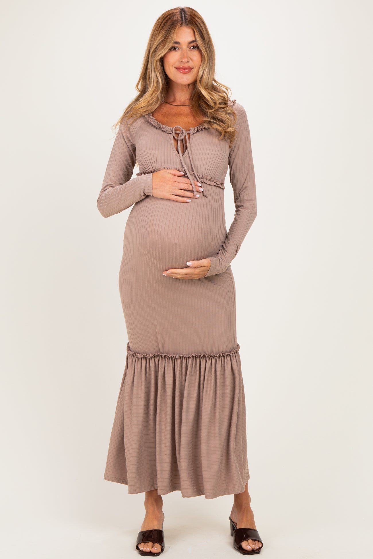 Beige Ribbed Long Sleeve Ruffle Trim Off Shoulder Maternity Maxi Dress