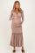 Beige Ribbed Long Sleeve Ruffle Trim Off Shoulder Maternity Maxi Dress