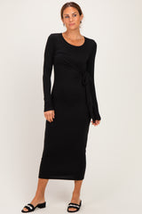 Black Long Sleeve Knotted Waist Maxi Dress