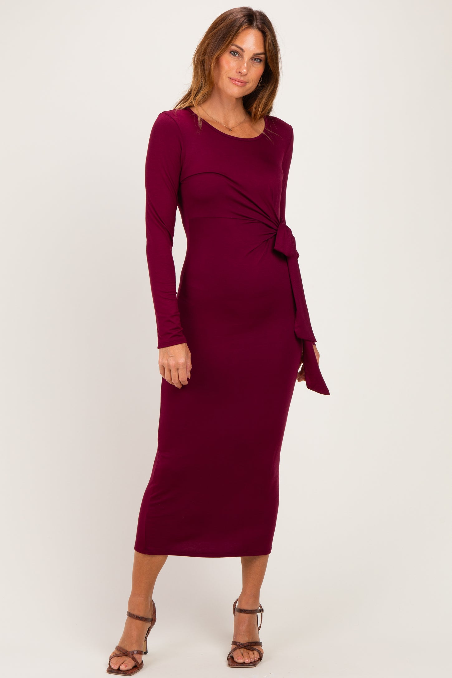 Burgundy Long Sleeve Knotted Waist Maternity Maxi Dress
