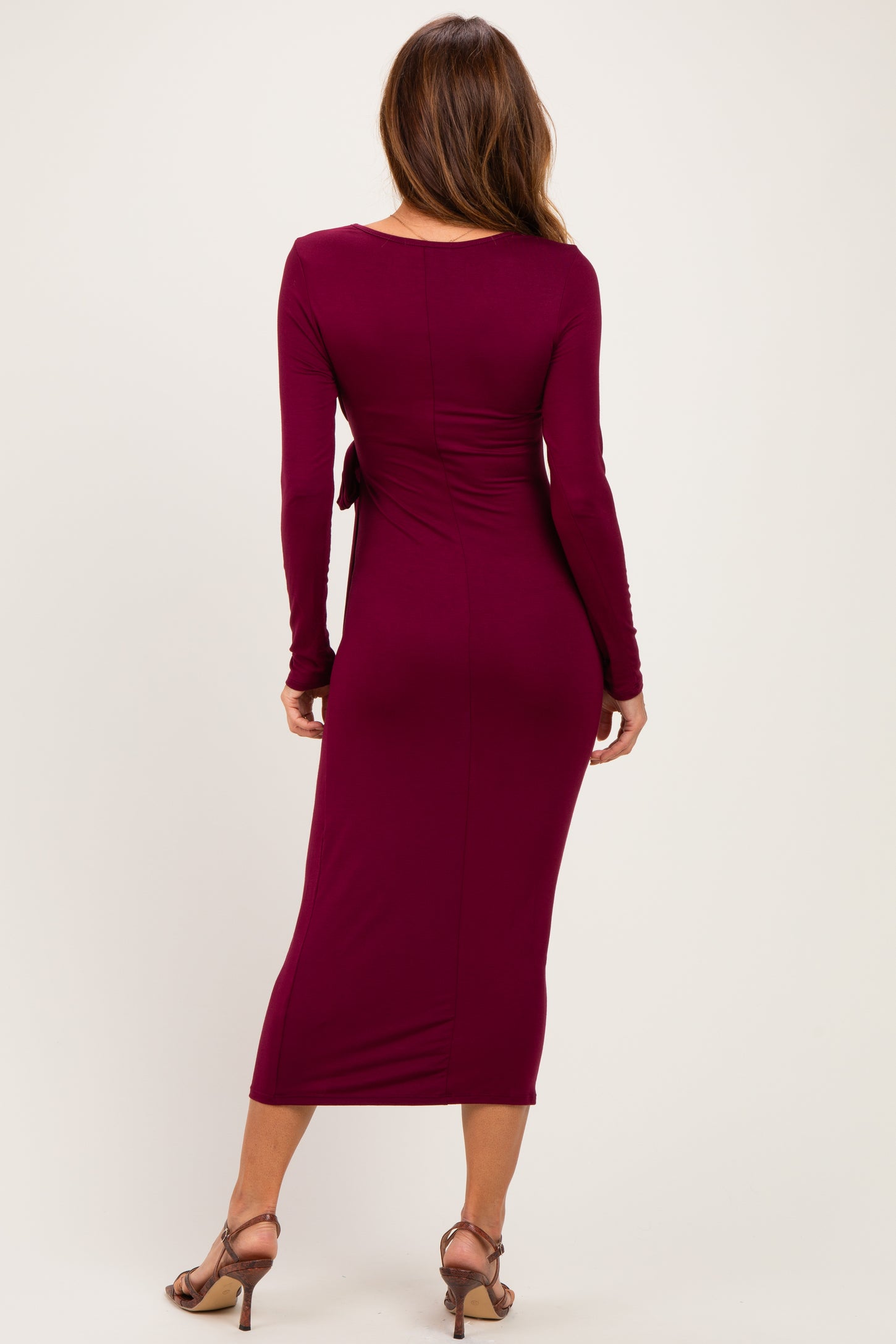 Burgundy Long Sleeve Knotted Waist Maxi Dress