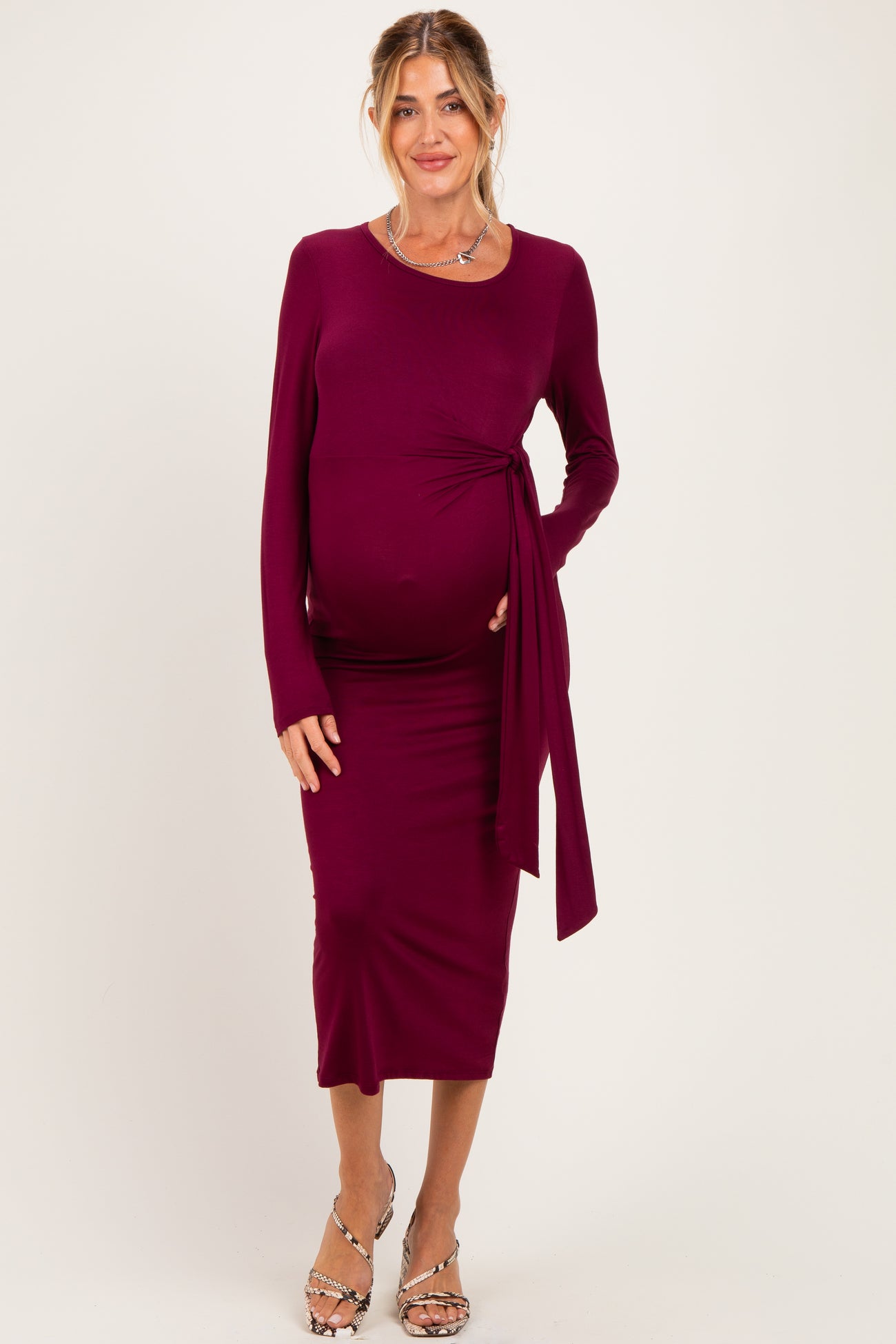 Burgundy Long Sleeve Knotted Waist Maternity Maxi Dress