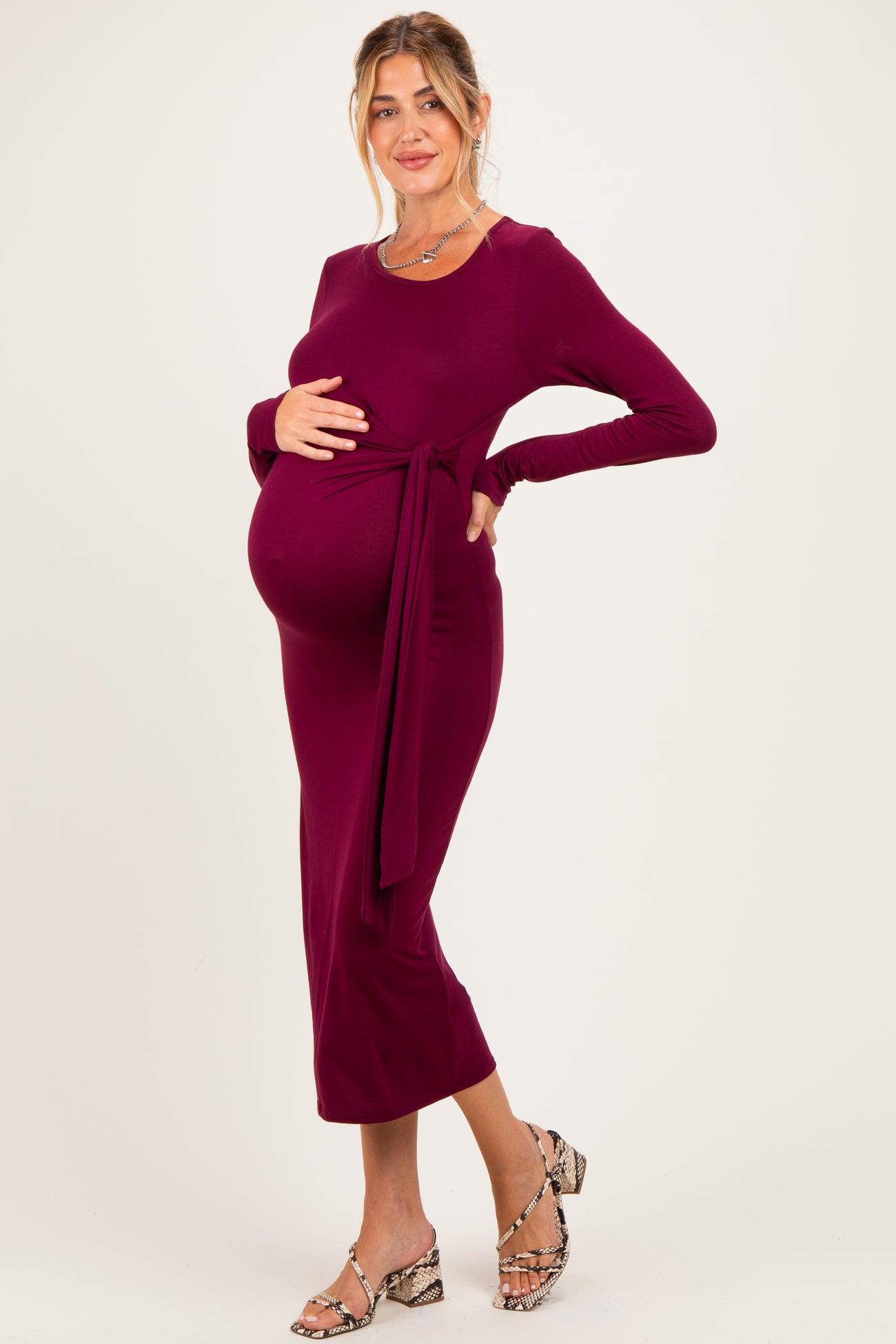 Burgundy Long Sleeve Knotted Waist Maternity Maxi Dress