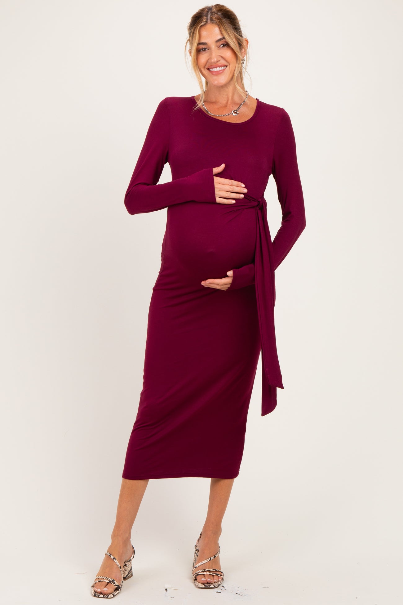 Burgundy Long Sleeve Knotted Waist Maternity Maxi Dress