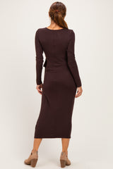 Brown Long Sleeve Knotted Waist Maxi Dress