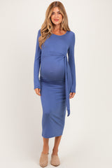 Blue Long Sleeve Knotted Waist Maternity Maxi Dress
