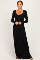 Black Solid Long Sleeve Scoop Neck A-Line Maxi Dress