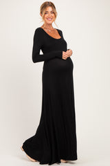 Black Solid Long Sleeve Scoop Neck A-Line Maternity Maxi Dress