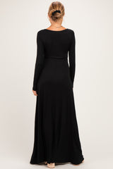 Black Solid Long Sleeve Scoop Neck A-Line Maternity Maxi Dress